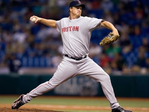 ST. PETERSBURG, FL – SEPTEMBER 15: Relief pitcher Mike Timlin #50 of the Boston Red Sox pitches against the Tampa Bay Rays during the game on September 15, 2008 at Tropicana Field in St. Petersburg, Florida. (Photo by J. Meric/Getty Images)