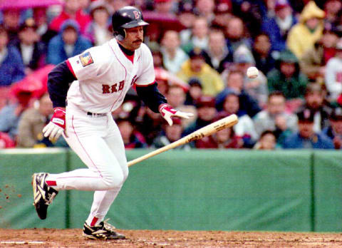 Mike Greenwell of the Boston Red Sox unsuccessfully bunts against the Detroit Tigers in the 4th inning, yet hit a three run homer to tie the game, with the next pitch, at Fenway Park in Boston, MA, 06 April 1994. The Sox won 5-4. (Photo by JOHN MOTTERN / AFP) (Photo credit should read JOHN MOTTERN/AFP via Getty Images)