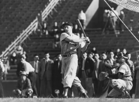 TOKYO, JAPAN – CIRCA 1951: Dom DiMaggio, takes batting practice in Giants Stadium in 1951 in Tokyo, Japan. (Photo Reproduction by Transcendental Graphics/Getty Images)