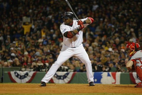 BOSTON – OCTOBER 23: David Ortiz of the Boston Red Sox bats during game one of the 2004 World Series against the St. Louis Cardinals at Fenway Park on October 23, 2004 in Boston, Massachusetts. The Red Sox defeated the Cardinals 11-9. (Photo by Ron Vesely/MLB Photos via Getty Images)