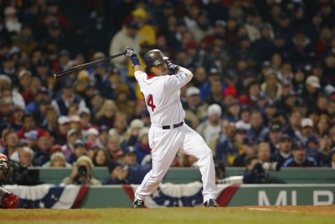 BOSTON – OCTOBER 24: Manny Ramirez of the Boston Red Sox bats during game two of the 2004 World Series against the St. Louis Cardinals at Fenway Park on October 24, 2004 in Boston, Massachusetts. The Red Sox defeated the Cardinals 6-2. (Photo by Ron Vesely/MLB Photos via Getty Images)