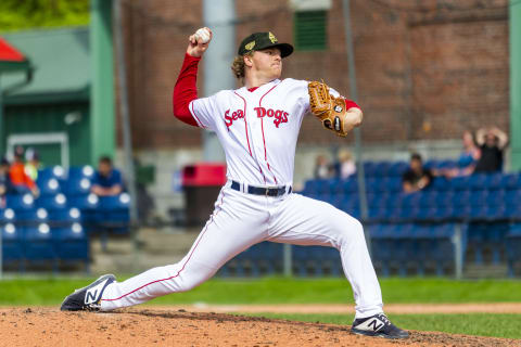 PORTLAND, ME – MAY 27: Durbin Feltman #12 of the Portland Sea Dogs delivers in the ninth inning of the game between the Portland Sea Dogs and the Altoona Curve at Hadlock Field on May 27, 2019 in Portland, Maine. (Photo by Zachary Roy/Getty Images)