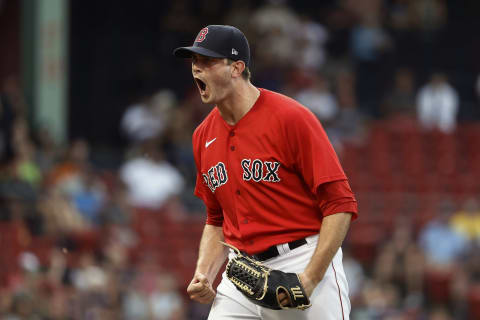 BOSTON, MA – AUGUST 23: Pitcher Garrett Whitlock #72 of the Boston Red Sox shouts out after ending the 11th inning against the Texas Rangers at Fenway Park on August 23, 2021 in Boston, Massachusetts. (Photo By Winslow Townson/Getty Images)