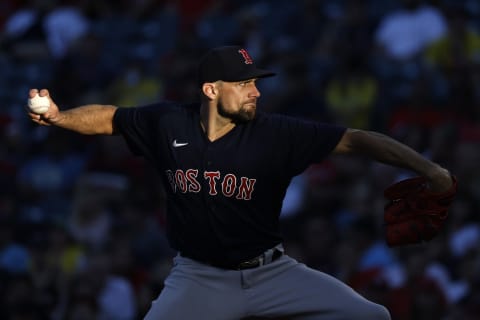 ANAHEIM, CALIFORNIA – JULY 06: Nathan Eovaldi #17 of the Boston Red Sox pitches against the Los Angeles Angels during the second inning at Angel Stadium of Anaheim on July 06, 2021 in Anaheim, California. (Photo by Michael Owens/Getty Images)