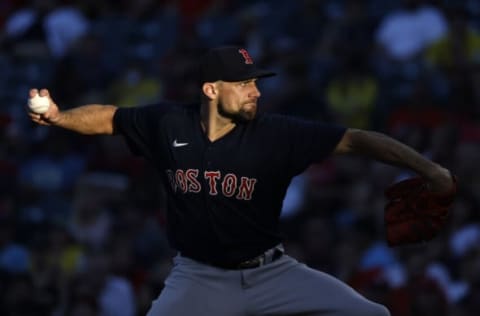 ANAHEIM, CALIFORNIA – JULY 06: Nathan Eovaldi #17 of the Boston Red Sox pitches against the Los Angeles Angels during the second inning at Angel Stadium of Anaheim on July 06, 2021 in Anaheim, California. (Photo by Michael Owens/Getty Images)