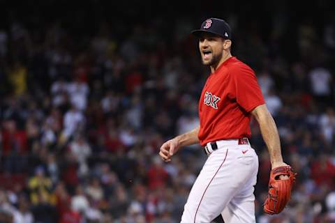 BOSTON, MASSACHUSETTS – OCTOBER 10: Nathan Eovaldi #17 of the Boston Red Sox celebrates after forcing out Wander Franco #5 of the Tampa Bay Rays in the fifth inning during Game 3 of the American League Division Series at Fenway Park on October 10, 2021 in Boston, Massachusetts. (Photo by Maddie Meyer/Getty Images)