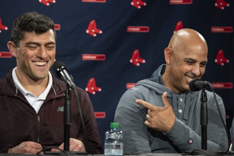 BOSTON, MA – OCTOBER 25: Chief Baseball Officer Chaim Bloom and Manager Alex Cora of the Boston Red Sox react as they address the media during an end of season press conference on October 25, 2021 at Fenway Park in Boston, Massachusetts. (Photo by Billie Weiss/Boston Red Sox/Getty Images)