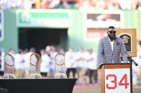 BOSTON, MA - JULY 26: Former Boston Red Sox player David Ortiz is honored at Fenway Park following his weekend induction into the Baseball Hall of Fame, prior to the game against the Cleveland Guardians on July 26, 2022 in Boston, Massachusetts. (Photo by Kathryn Riley/Getty Images)