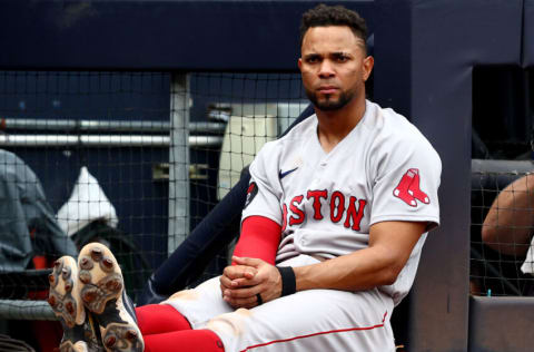 NEW YORK, NEW YORK - JULY 17: Xander Bogaerts #2 of the Boston Red Sox reacts in the sixth inning against the New York Yankees at Yankee Stadium on July 17, 2022 in the Bronx borough of New York City. (Photo by Elsa/Getty Images)