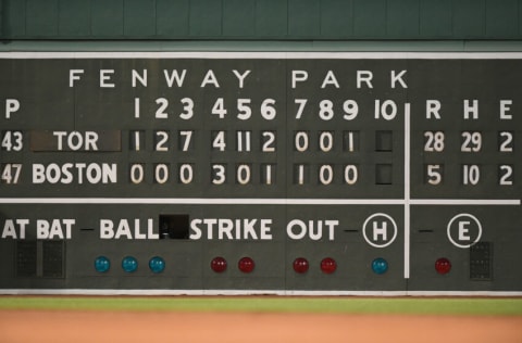 BOSTON, MASSACHUSETTS - JULY 22: A general view of the Green Monster scoreboard after the Toronto Blue Jays defeated the Boston Red Sox at Fenway Park on July 22, 2022 in Boston, Massachusetts. (Photo by Brian Fluharty/Getty Images)