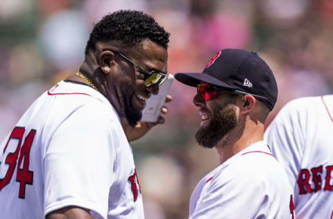 BOSTON, MA - JULY 30: Dustin Pedroia #15 of the Boston Red Sox reacts with David Ortiz #34 during a 2007 World Series Champion team reunion before a game against the Kansas City Royals on July 30, 2017 at Fenway Park in Boston, Massachusetts. (Photo by Billie Weiss/Boston Red Sox/Getty Images)