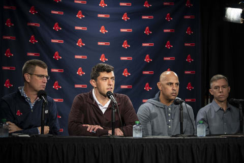 BOSTON, MA – OCTOBER 25: President & CEO Sam Kennedy, Chief Baseball Officer Chaim Bloom, Manager Alex Cora, and General Manager Brian OHalloran of the Boston Red Sox address the media during an end of season press conference on October 25, 2021 at Fenway Park in Boston, Massachusetts. (Photo by Billie Weiss/Boston Red Sox/Getty Images)