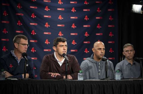 BOSTON, MA - OCTOBER 25: President & CEO Sam Kennedy, Chief Baseball Officer Chaim Bloom, Manager Alex Cora, and General Manager Brian OHalloran of the Boston Red Sox address the media during an end of season press conference on October 25, 2021 at Fenway Park in Boston, Massachusetts. (Photo by Billie Weiss/Boston Red Sox/Getty Images)