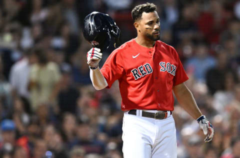 BOSTON, MA - AUGUST 13: Xander Bogaerts #2 of the Boston Red Sox reacts after striking out in the third inning against the New York Yankees at Fenway Park on August 13, 2022 in Boston, Massachusetts. (Photo by Kathryn Riley/Getty Images)