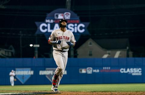 SOUTH WILLIAMSPORT, PENNSYLVANIA - AUGUST 21: Franchy Cordero #16 of the Boston Red Sox reacts after hitting a game-tying home run during the eighth inning of the 2022 Little League Classic game against the Baltimore Orioles on August 21, 2022 at Bowman Field on August 21, 2022 in South Williamsport, Pennsylvania/ (Photo by Maddie Malhotra/Boston Red Sox/Getty Images)