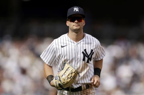 NEW YORK, NY - JULY 31: Andrew Benintendi #18 of the New York Yankees runs off the field against the Kansas City Royals during the seventh inning at Yankee Stadium on July 31, 2022 in the Bronx borough of New York City. (Photo by Adam Hunger/Getty Images)