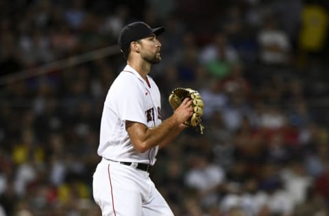 BOSTON, MASSACHUSETTS - AUGUST 14: Michael Wacha #52 of the Boston Red Sox reacts after walking Isiah Kiner-Falefa of the New York Yankees (not in photo) during the fifth inning at Fenway Park on August 14, 2022 in Boston, Massachusetts. (Photo by Brian Fluharty/Getty Images)