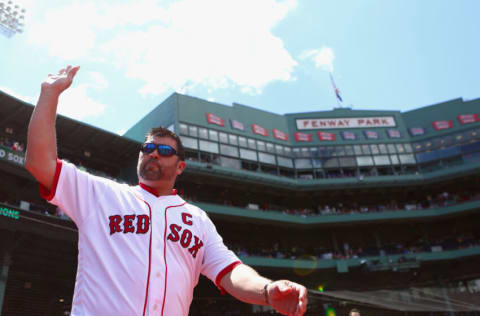 BOSTON, MA - JULY 30: Former Boston Red Sox captain and player Jason Varitek is introduced during a 2007 World Series Championship team reunion before the game against the Kansas City Royals at Fenway Park on July 30, 2017 in Boston, Massachusetts. (Photo by Omar Rawlings/Getty Images)