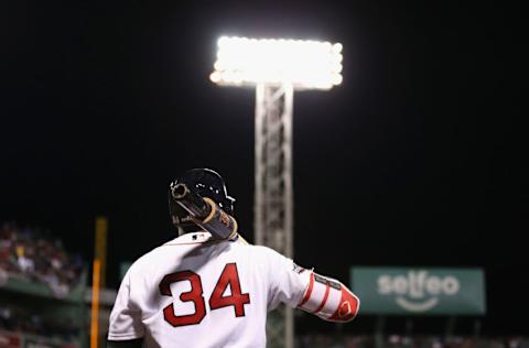 BOSTON, MA - OCTOBER 10: David Ortiz #34 of the Boston Red Sox waits for his at-bat in the eighth inning against the Cleveland Indians during game three of the American League Divison Series at Fenway Park on October 10, 2016 in Boston, Massachusetts. (Photo by Maddie Meyer/Getty Images)