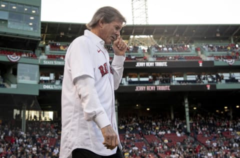 BOSTON, MA - APRIL 20: Boston Red Sox hall of famer Dennis Eckersley takes the field for a pre-game ceremony honoring the life and career of Jerry Remy before a game against the Toronto Blue Jays on April 20, 2022 at Fenway Park in Boston, Massachusetts. (Photo by Maddie Malhotra/Boston Red Sox/Getty Images)