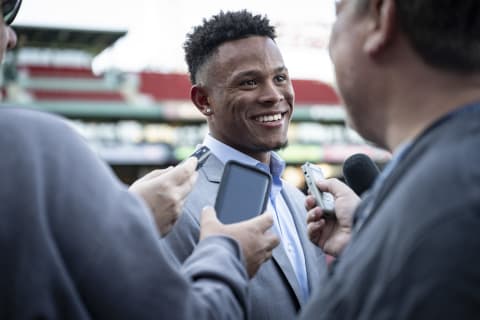 BOSTON, MA – SEPTEMBER 26: Boston Red Sox prospect Ceddanne Rafaela speaks with the media ahead of a game against the Baltimore Orioles on September 26, 2022 at Fenway Park in Boston, Massachusetts. (Photo by Maddie Malhotra/Boston Red Sox/Getty Images)