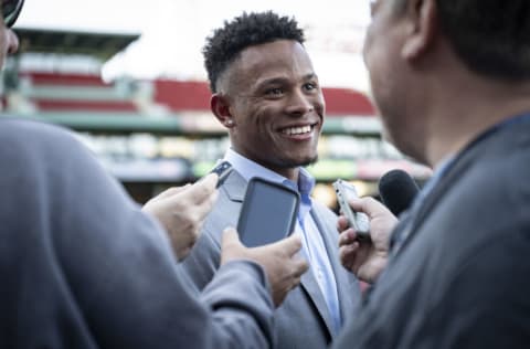 BOSTON, MA - SEPTEMBER 26: Boston Red Sox prospect Ceddanne Rafaela speaks with the media ahead of a game against the Baltimore Orioles on September 26, 2022 at Fenway Park in Boston, Massachusetts. (Photo by Maddie Malhotra/Boston Red Sox/Getty Images)