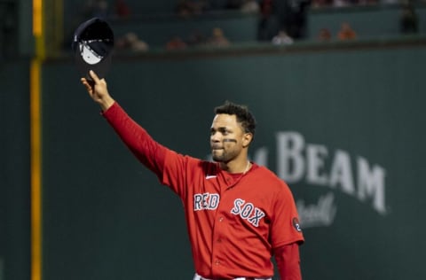 BOSTON, MA - OCTOBER 5: Xander Bogaerts #2 of the Boston Red Sox salutes the fans as he exits the game during the seventh inning of a game against the Tampa Bay Rays on October 5, 2022 at Fenway Park in Boston, Massachusetts. (Photo by Billie Weiss/Boston Red Sox/Getty Images)