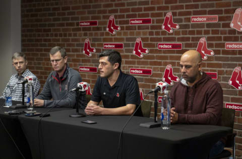 BOSTON, MA - OCTOBER 6: General Manager Brian OHalloran, President & CEO Sam Kennedy, Chief Baseball Officer Chaim Bloom, and Manager Alex Cora of the Boston Red Sox address the media during a press conference following the final game of the 2022 season on October 6, 2022 at Fenway Park in Boston, Massachusetts. (Photo by Billie Weiss/Boston Red Sox/Getty Images)