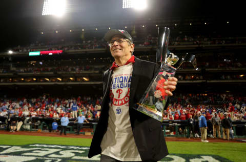 PHILADELPHIA, PENNSYLVANIA - OCTOBER 23: Philadelphia Phillies owner John Middleton lifts the Warren C. Giles trophy after the Phillies defeated the San Diego Padres in game five to win the National League Championship Series at Citizens Bank Park on October 23, 2022 in Philadelphia, Pennsylvania. (Photo by Tim Nwachukwu/Getty Images)