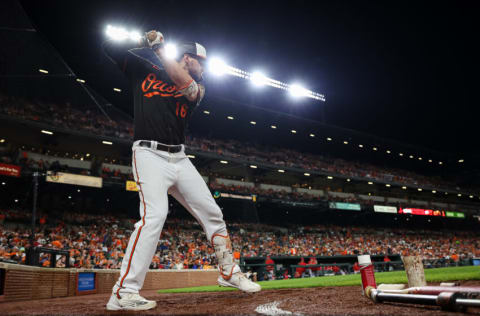 BALTIMORE, MD - JULY 08: Trey Mancini #16 of the Baltimore Orioles warms up against the Los Angeles Angels during the eighth inning at Oriole Park at Camden Yards on July 8, 2022 in Baltimore, Maryland. (Photo by Scott Taetsch/Getty Images)