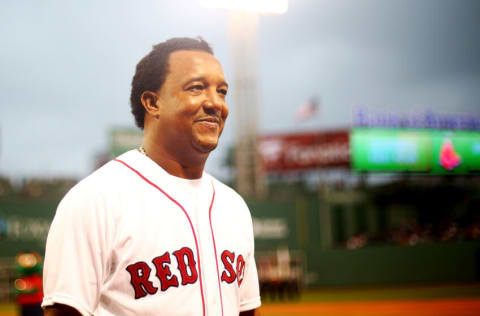 BOSTON, MA - AUGUST 18: Former Boston Red Sox pitcher Pedro Martinez looks on before a game against the New York Yankees at Fenway Park on August 18, 2017 in Boston, Massachusetts. (Photo by Adam Glanzman/Getty Images)