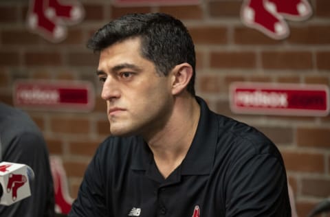 BOSTON, MA - OCTOBER 6: Chief Baseball Officer Chaim Bloom of the Boston Red Sox addresses the media during a press conference following the final game of the 2022 season on October 6, 2022 at Fenway Park in Boston, Massachusetts. (Photo by Billie Weiss/Boston Red Sox/Getty Images)