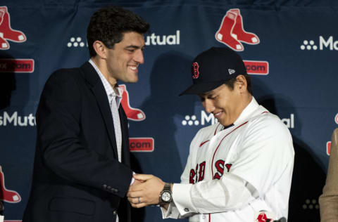 BOSTON, MA - DECEMBER 15: Chief Baseball Officer Chaim Bloom introduces Masataka Yoshida #7 of the Boston Red Sox during a press conference announcing his contract agreement with the Boston Red Sox on December 15, 2022 at Fenway Park in Boston, Massachusetts. (Photo by Billie Weiss/Boston Red Sox/Getty Images)