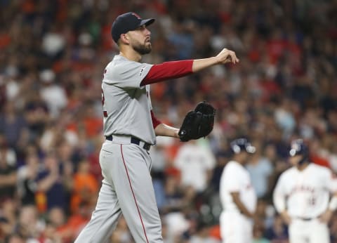 May 25, 2019; Houston, TX, USA; Boston Red Sox relief pitcher Matt Barnes (32) reacts after a play during the ninth inning against the Houston Astros at Minute Maid Park. Mandatory Credit: Troy Taormina-USA TODAY Sports