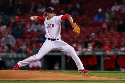 Apr 21, 2021; Boston, Massachusetts, USA; Boston Red Sox starting pitcher Garrett Richards (43) throws a pitch against the Toronto Blue Jays during the first inning at Fenway Park. Mandatory Credit: Paul Rutherford-USA TODAY Sports