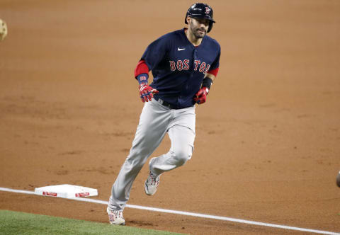 Apr 30, 2021; Arlington, Texas, USA; Boston Red Sox designated hitter J.D. Martinez (28) rounds the bases after hitting a home run in the first inning against the Texas Rangers at Globe Life Field. Mandatory Credit: Tim Heitman-USA TODAY Sports