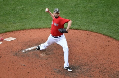 May 16, 2021; Boston, Massachusetts, USA; Boston Red Sox relief pitcher Matt Barnes (32) pitches during the ninth inning against the Los Angeles Angels at Fenway Park. Mandatory Credit: Bob DeChiara-USA TODAY Sports