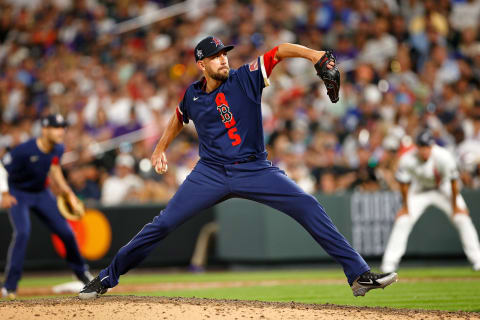 Jul 13, 2021; Denver, Colorado, USA; American League pitcher Matt Barnes of the Boston Red Sox (32) pitches against the National League during the eighth inning during the 2021 MLB All Star Game at Coors Field. Mandatory Credit: Isaiah J. Downing-USA TODAY Sports