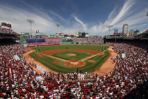 July 04, 2010; Boston, MA, USA; A general view as a large American flag hangs over the green monster before the start of the game between the Boston Red Sox and the Baltimore Orioles at Fenway Park. Mandatory Credit: Greg M. Cooper-USA TODAY Sports