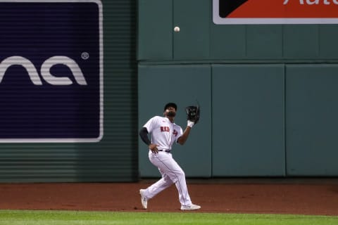 Sep 1, 2020; Boston, Massachusetts, USA; Boston Red Sox center fielder Jackie Bradley Jr (19) catches a fly ball during the eighth inning against the Atlanta Braves at Fenway Park. Mandatory Credit: Paul Rutherford-USA TODAY Sports