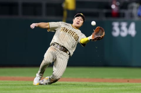 Oct 22, 2022; Philadelphia, Pennsylvania, USA; San Diego Padres shortstop Ha-Seong Kim (7) catches a fly ball in the sixth inning during game four of the NLCS against the Philadelphia Phillies for the 2022 MLB Playoffs at Citizens Bank Park. Mandatory Credit: Bill Streicher-USA TODAY Sports