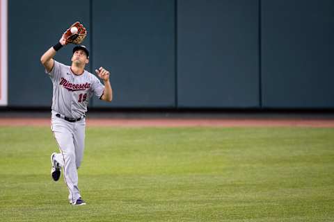 Jun 1, 2021; Baltimore, Maryland, USA; Minnesota Twins right fielder Alex Kirilloff (19) catches a fly ball against the Baltimore Orioles during the third inning at Oriole Park at Camden Yards. Mandatory Credit: Scott Taetsch-USA TODAY Sports