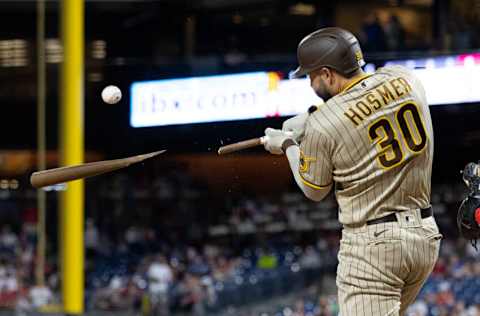 May 17, 2022; Philadelphia, Pennsylvania, USA; San Diego Padres first baseman Eric Hosmer (30) breaks his bat on a line out during the sixth inning against the Philadelphia Phillies at Citizens Bank Park. Mandatory Credit: Bill Streicher-USA TODAY Sports