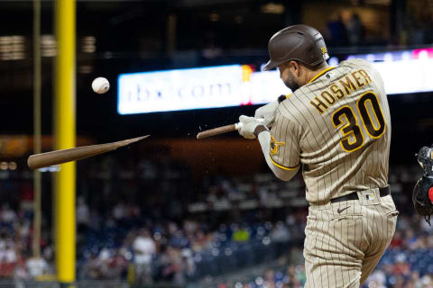 May 17, 2022; Philadelphia, Pennsylvania, USA; San Diego Padres first baseman Eric Hosmer (30) breaks his bat on a line out during the sixth inning against the Philadelphia Phillies at Citizens Bank Park. Mandatory Credit: Bill Streicher-USA TODAY Sports