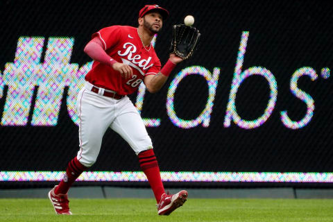 Cincinnati Reds left fielder Tommy Pham (28) catches a fly ball during the fifth inning of a baseball game against the Baltimore Orioles, Sunday, July 31, 2022, Great American Ball Park in Cincinnati.Baltimore Orioles At Cincinnati Reds July 31 0011