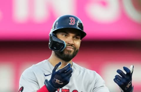 Aug 5, 2022; Kansas City, Missouri, USA; Boston Red Sox first baseman Eric Hosmer (35) gestures to the dugout after hitting an RBI double against the Kansas City Royals during the second inning at Kauffman Stadium. Mandatory Credit: Jay Biggerstaff-USA TODAY Sports