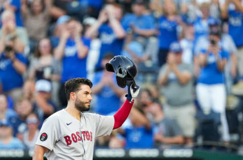 Aug 5, 2022; Kansas City, Missouri, USA; Boston Red Sox first baseman Eric Hosmer (35) tips his helmet to the crowd during the second inning against the Kansas City Royals at Kauffman Stadium. Mandatory Credit: Jay Biggerstaff-USA TODAY Sports