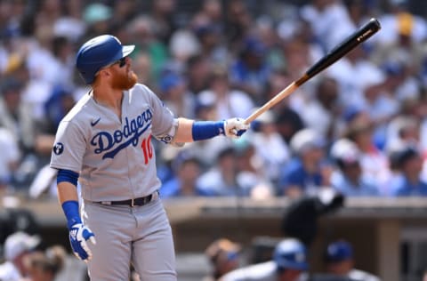 Sep 11, 2022; San Diego, California, USA; Los Angeles Dodgers third baseman Justin Turner (10) watches his home run against the San Diego Padres during the fifth inning at Petco Park. Mandatory Credit: Orlando Ramirez-USA TODAY Sports