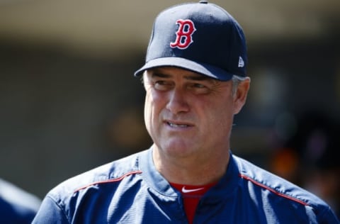 Apr 9, 2017; Detroit, MI, USA; Boston Red Sox manager John Farrell (53) in the dugout prior to the game against the Detroit Tigers at Comerica Park. Mandatory Credit: Rick Osentoski-USA TODAY Sports