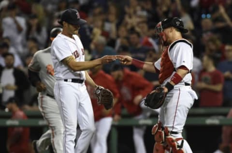 Apr 11, 2017; Boston, MA, USA; Boston Red Sox relief pitcher Joe Kelly (56) and catcher Christian Vazquez (7) react after defeating the Baltimore Orioles at Fenway Park. Mandatory Credit: Bob DeChiara-USA TODAY Sports